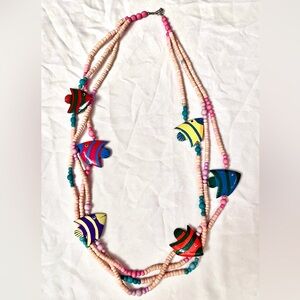 Wooden Fish Beaded Multi Strand Fun Summer Necklace, 33”